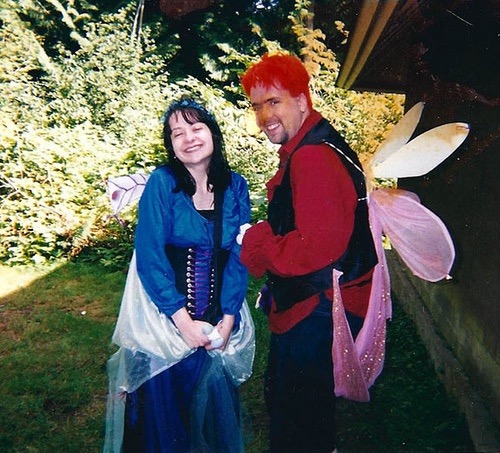 Jello was only a faerie for a couple of LARPing events (on the right), I was a faerie for a couple of years with eventually those pink wings of mine had flashing glow lights that could be seen in the fog... they would know when I was killed in character because the lights would dance through the fog, then I would go down and they would blink from the ground. I could hear in the fog people yelling "Maple is down again" (Maple was my character name). Oh god now I am not sure if that was my name now that I typed it out...